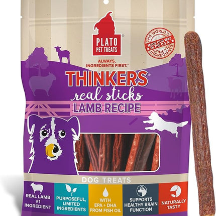 Plato Pet Treats Thinkers - Meat Sticks for Dogs - Limited Ingredient Treats with EPA and DHA to Support Skin, Coat, and Brain - Air-Dried - Lamb 18oz