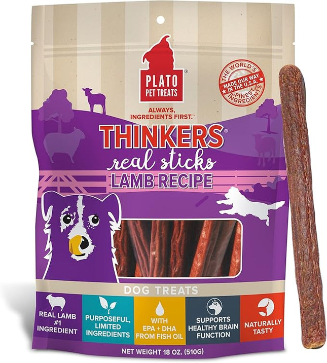 Plato Pet Treats Thinkers - Meat Sticks for Dogs - Limited Ingredient Treats with EPA and DHA to Support Skin, Coat, and Brain - Air-Dried - Lamb 18oz