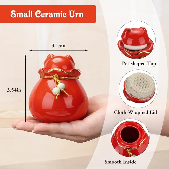 SOITIS Engraving Customized Pet Memorial Urn for Cat or Dog Ashes - 3.54"x3.15" Elegant Ceramic Keepsake Holder with Cat-Shaped Lid & Gold Trim, Small Red Urn for Pet Ashes