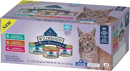 Blue Buffalo Wilderness Wild Delights High Protein Grain Free, Natural Adult Meaty Morsels Wet Cat Food, Chicken & Turkey, Chicken & Trout, Chicken & Salmon 3-oz cans (12 Count - 4 of Each Flavor)