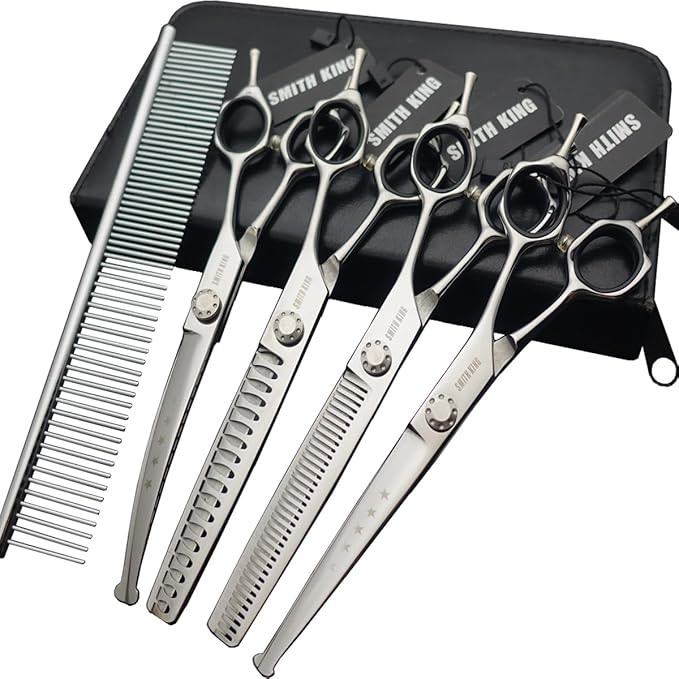 7 inches Safe Dog Grooming Scissors Set with Round Tip,Straight & Thinning & Curved Shears Set with comb for Dog & Cat Grooming human hair cutting (Black 4 in 1 with comb)
