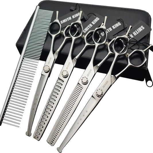 7 inches Safe Dog Grooming Scissors Set with Round Tip,Straight & Thinning & Curved Shears Set with comb for Dog & Cat Grooming human hair cutting (Black 4 in 1 with comb)