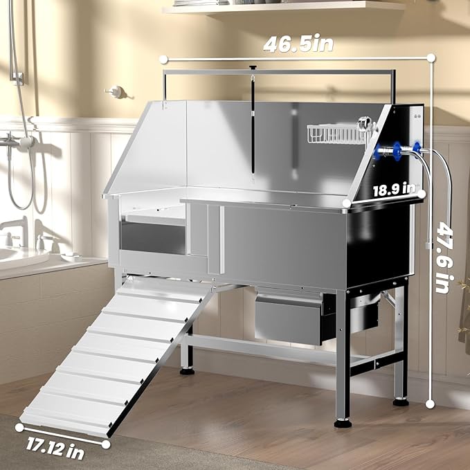 Dog Washing Station for Home,Professional 46" Stainless Steel Dog Bathing Station Height Adjustable Dog Wash Station Dog Grooming Tub Stair, Drawer, Floor Grate & Fauct (Left Ramp)