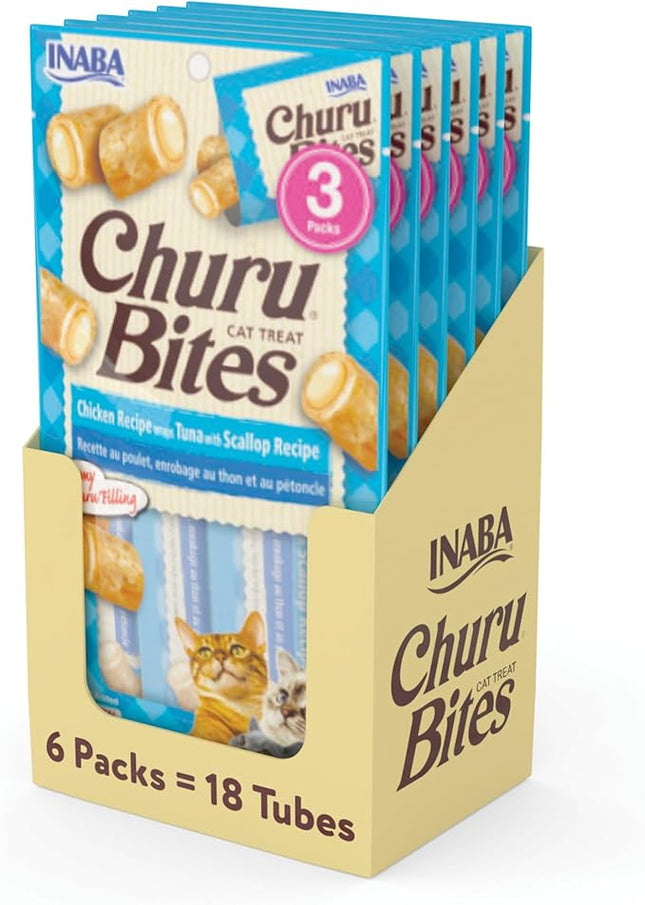 INABA Churu Bites for Cats, Soft/Chewy Baked Chicken Wrapped Churu Filled Cat Treats with Vitamin E, 0.35 Ounces per Tube, 18 Tubes Total (3 Tubes per Pack), Tuna with Scallop Recipe