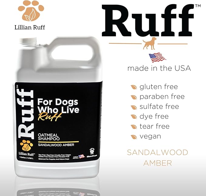 Ruff by Lillian Ruff Oatmeal Dog Shampoo Sandalwood Amber – Moisturizing Pet Shampoo with Aloe & Coconut Oil – Relieves Itching, Hot Spots & Odor – Puppy Safe – Made in USA (Gallon)