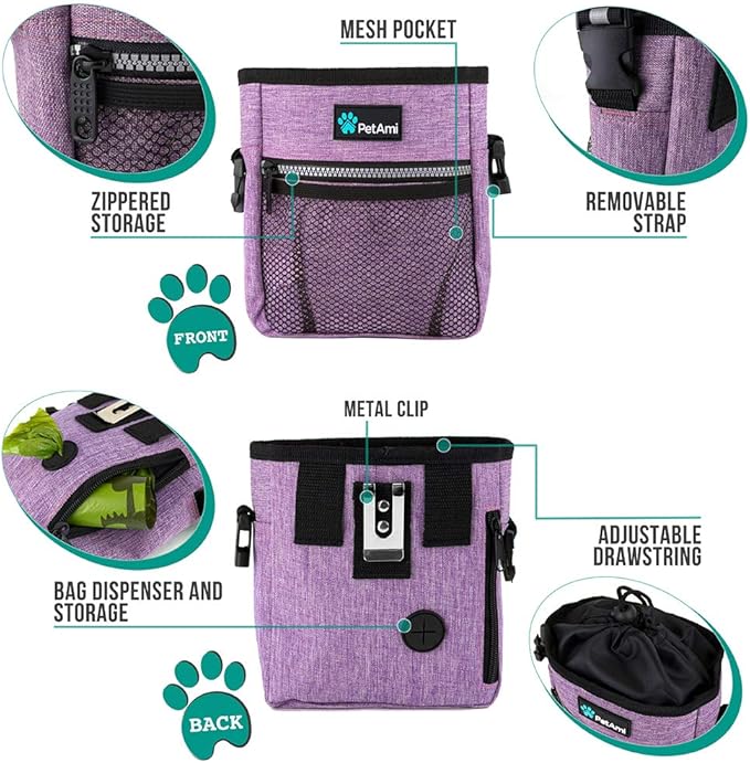 PetAmi Dog Treat Pouch, Pet Treat Pouch for Training, Dog Walking Bag Holder for Kibbles, Pet Food Toy, Dog Trainer Essentials Supplies, Poop Bag Dispenser, 3 Ways to Wear (Purple)