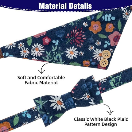 EXPAWLORER Dog Collar and Leash Set - Classic Plaid Dog Bow Tie and Dog Bandana Collar, Dog Leash Tangle Free, Adjustable Collars for Medium Dogs, Holiday Ideal Gift, Flower M