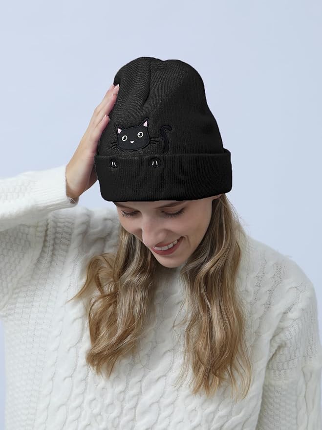 Women’s Cat Beanie Cute Cat Lover Gifts Animal Knitted Hats Christmas Stocking Stuffers for Women Girls