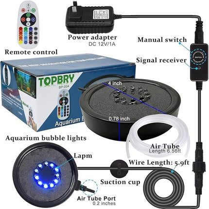 Aquarium Bubble LED Lights RGBW, TOPBRY Remote Controlled Air Stone Disk, with 16 Color Changing, 4 Lighting Effects for Fish Tank Decorations