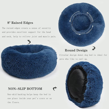 Calming Dog Bed for Medium Dogs Washable Donut 30 inches Anti-Slip Pet Bed,Round Fluffy Plush Faux Fur Cat Bed,Fits up to 45 lbs Pets,Navy Blue