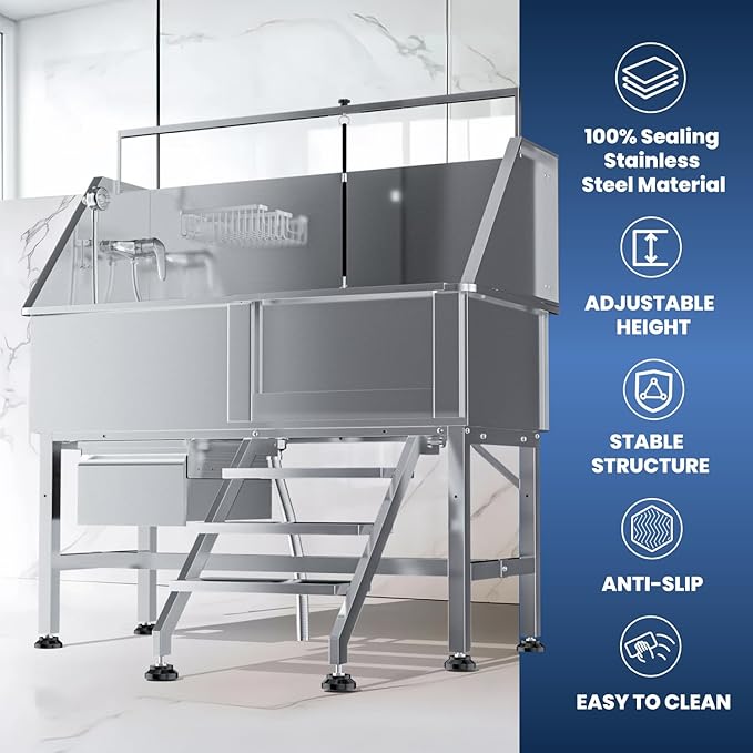 46" Dog Washing Station for Home,Stainless Steel Professional Dog Bathing Station Height Adjustable D og Grooming Tub Ramp, Drawer, Floor Grate & Fauct (R Stair)