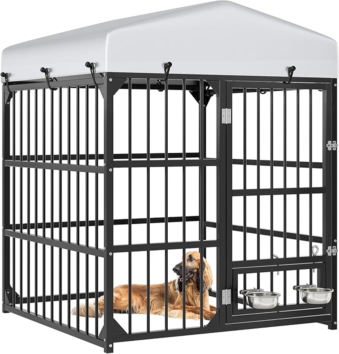 YITAHOME Outdoor Dog Enclosure with Rotating Feeder Bowls, 4'L x 4'W x 5'H Outside Dog Kennel with Roof, Heavy Duty Dog Cage for Small Medium Dogs