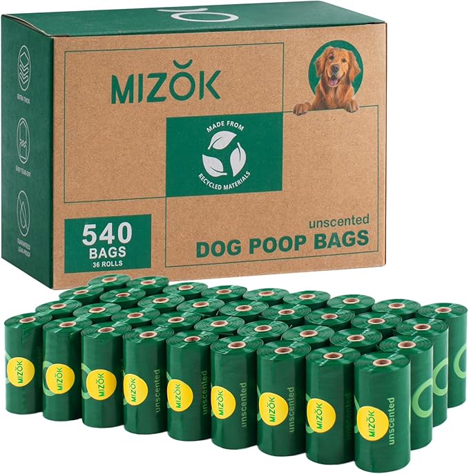 MIZOK Dog Poop Bags Rolls, 540 Count, 65% Recycled Material Poop Bags for Dogs, Leakproof, Extra Thick Durable and Easy Tear-Off, Unscented