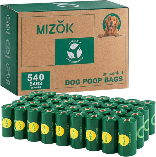 MIZOK Dog Poop Bags Rolls, 540 Count, 65% Recycled Material Poop Bags for Dogs, Leakproof, Extra Thick Durable and Easy Tear-Off, Unscented