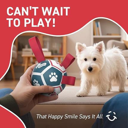 QDAN Small Dog Toys, Outdoor Indoor Toys to Keep Them Busy, Soccer Ball with Straps, Puppy Birthday Gifts, Dog Water Toy, Durable Puppy Balls（5 Inch）