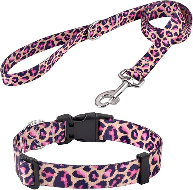 Dog Collar and Leash Set with Bohemia Floral Tribal Geometric Patterns - Soft Ethnic Style Collar Adjustable for Small Medium Large Dogs(Pink Leopard Set,M)