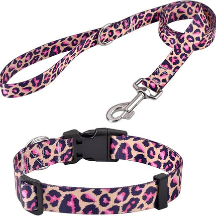 Dog Collar and Leash Set with Bohemia Floral Tribal Geometric Patterns - Soft Ethnic Style Collar Adjustable for Small Medium Large Dogs(Pink Leopard Set,L)