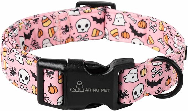 ARING PET Halloween Dog Collars, Cute Pink Pumpkin Ghost Bat Spider Skull Pet Collar with Quick Release Buckle for Small Medium Large Girl Boy Dogs-S