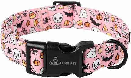 ARING PET Halloween Dog Collars, Cute Pink Pumpkin Ghost Bat Spider Skull Pet Collar with Quick Release Buckle for Small Medium Large Girl Boy Dogs-M