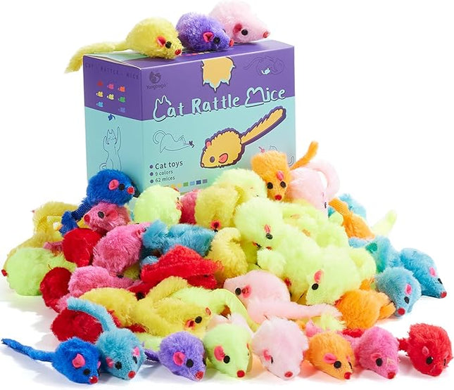 Yangbaga Mice Rattle 14 Pack, Cat Toys Rainbow Mice for Cats and Kittens (62pcs Rainbow mices)