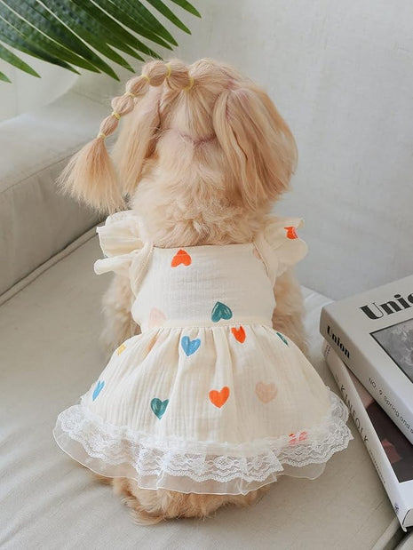 QWINEE Cute Heart Pattern Dog Dress Ruffle Trim Princess Dress Cat Vest Dress Lace Trim Summer Dress Pet Clothes for Small Medium Cats Dogs Kitten Puppy Yellow L