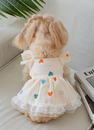 QWINEE Cute Heart Pattern Dog Dress Ruffle Trim Princess Dress Cat Vest Dress Lace Trim Summer Dress Pet Clothes for Small Medium Cats Dogs Kitten Puppy Yellow XXL