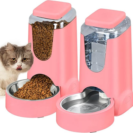 Automatic Cat Feeder and Water Dispenser with Stainless Steel Bowl Dog Gravity Food Feeder and Waterer for Small Medium Pets Puppy Kitten 1 Gallon x 2