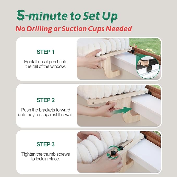 Zakkart SnugCloud Cat Window Perch with 4-Sided Bolster - Orthopedic Cat Hammock for Window Sill - Solid Hardwood & Metal Frame - Window Seat for Pets (Natural Color Wood w/White Bed, Medium)