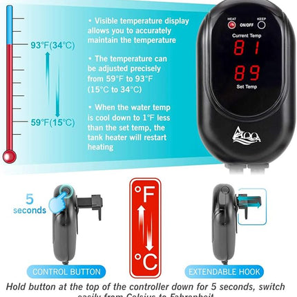 AQQA Aquarium Heater 200W for 45-80 Gallon Submersible Fish Tank Heater for Aquarium Betta Fish Heater Aquarium Thermostat Heater Freshwater and Saltwater (200W for 45-80 Gal)