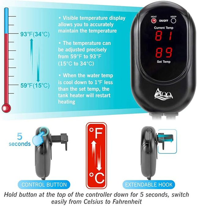 AQQA Aquarium Heater 300W for 80-95 Gallon Fish Tank Heater Aquarium Submersible Heater Betta Fish Heater Aquarium Thermostat Heater for Freshwater Saltwater Fish Tanks (300W for 80-95 Gal)