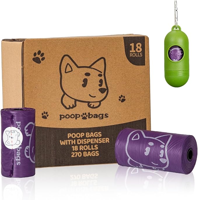 270 Count Dog Poop Bags Rolls with Dispenser & Leash Clip, 9″ x 13″ Scented Biodegradable Leak Proof Poop Bags for Dogs, Cats & Pet Waste, 18 Refill Rolls of 15, Purple