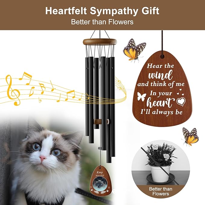 Personalized Pet Memorial Wind Chimes - Memorial Gift for Loss of Cat Custom Sympathy Gifts for Cat,Pet Remembrance Gift Wind Chimes for Outdoor by Bemaystar (Black)