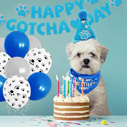 Happy Gotcha Day Dog Bandana- Dog Birthday Party Supplies Boy Girl Gotcha Day Triangle Scarf with Hat Banners Balloons It’s My Gotcha Day Bibs Adoption Party Decor for Small Large Dogs-Blue