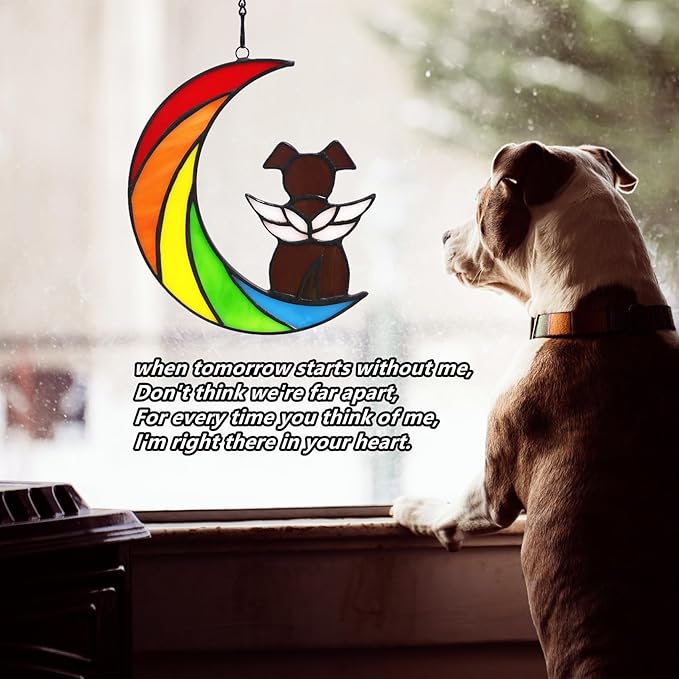 Stained Glass Rainbow Bridge Brown Dog Memorial Gifts for Loss of Dog Sympathy Remembrance Suncatcher, Thoughtful Pet Loss Bereavement Gifts in Memory of Pet Passing Away Window Hanging.
