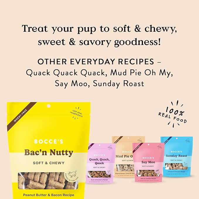 Bocce's Bakery Bac'n Nutty Soft & Chewy Dog Treats, Wheat-Free PB & Bacon Flavored All Natural Limited Ingredient Oven Baked Cookies for Dogs, 6 oz Bag