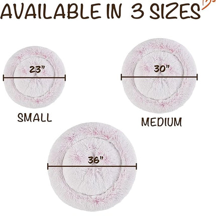 Friends Forever Donut Dog Bed Faux Fur Fluffy Calming Sofa For Medium Dogs, Soft & Plush Anti Anxiety Pet Couch For Dogs, Machine Washable Coco Pet Bed with Non-Slip Bottom, 30"x30"x7" Pink