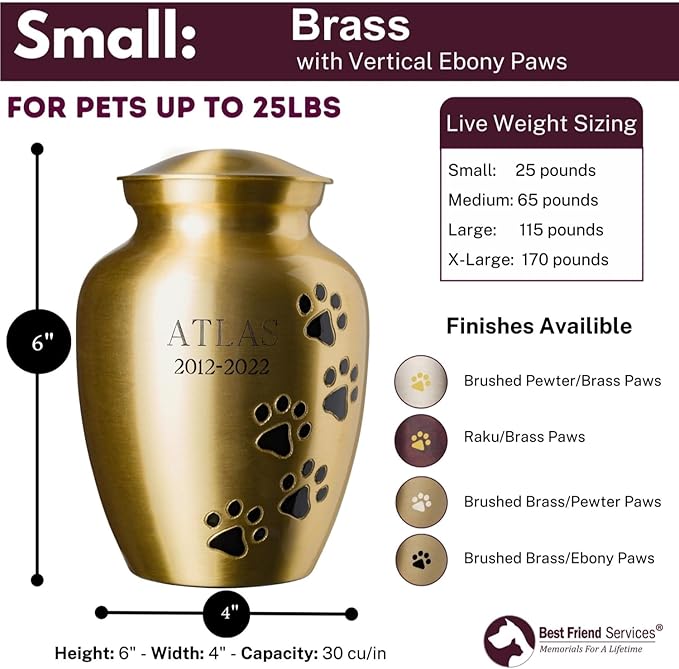 Ottillie Paws Elite Series Personalized Pet Urn for Dogs and Cats - Pet Memorial Urns with Custom Engraving (Brass, Vertical, Ebony, Small)