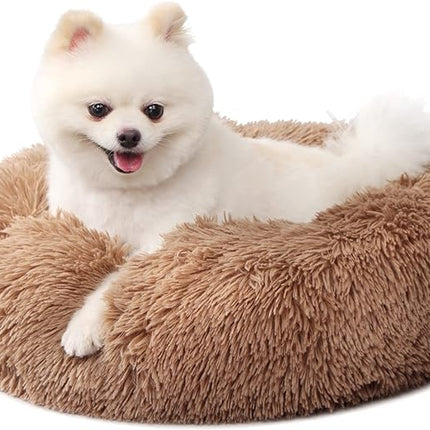 nononfish Small Puppy Beds for Small Dogs Washable - 19 Inches Round Faux Fur Pet Bed for Puppy and Cat Donut Fluffy Plush Orthopedic Doggy Beds Relief Improved Sleeping,Camel