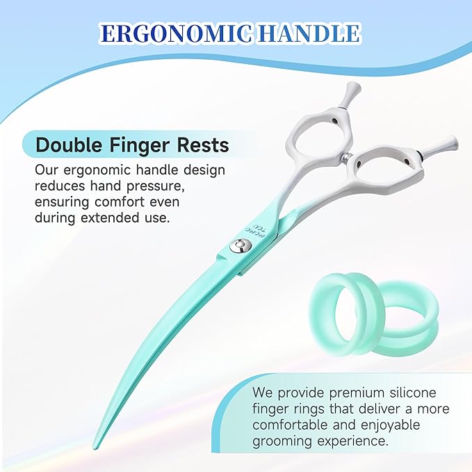 Curved Dog Grooming Scissors Green to White Gradient 440C Stainless Steel Sharp Durable Dog Shears for Professional or Home Use Ergonomic Handle with 2 Silicone Finger Rings