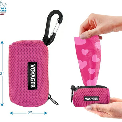 Best Pet Supplies Dog Poop Bag Holder Leash Attachment with 15 Bags, Fuchsia, Reusable Mesh Dispenser Pouch for Travel, Walking, Park, and Outdoor Use, Soft and Durable with Clip-On (Pack of 3)