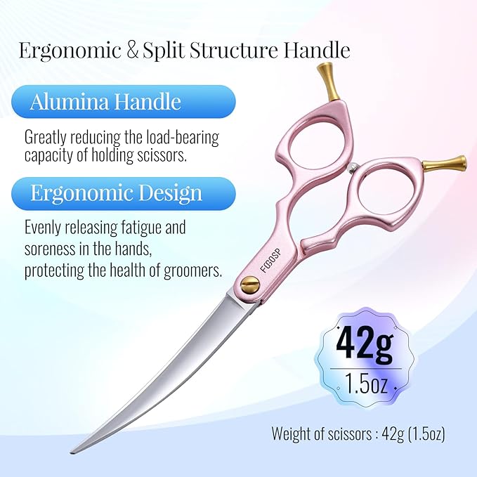 Professional Curved Dog Grooming Scissors with Sharper Self Grinding lightweight and finely trimmed split structure 6.5'' Japan VG10 63HRC for small dogs cat pet(Pink)