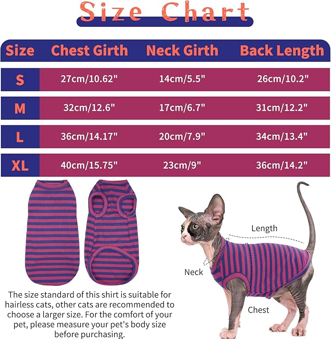 BRKURLEG Sphynx Hairless Cats Shirt Puppy Clothes Soft Cotton T-Shirts Cute Cats Pajamas Cat Stripes Vest Pet Sweater, Round Collar Vest Kitten Shirts(PinkBlue Stripes, L)