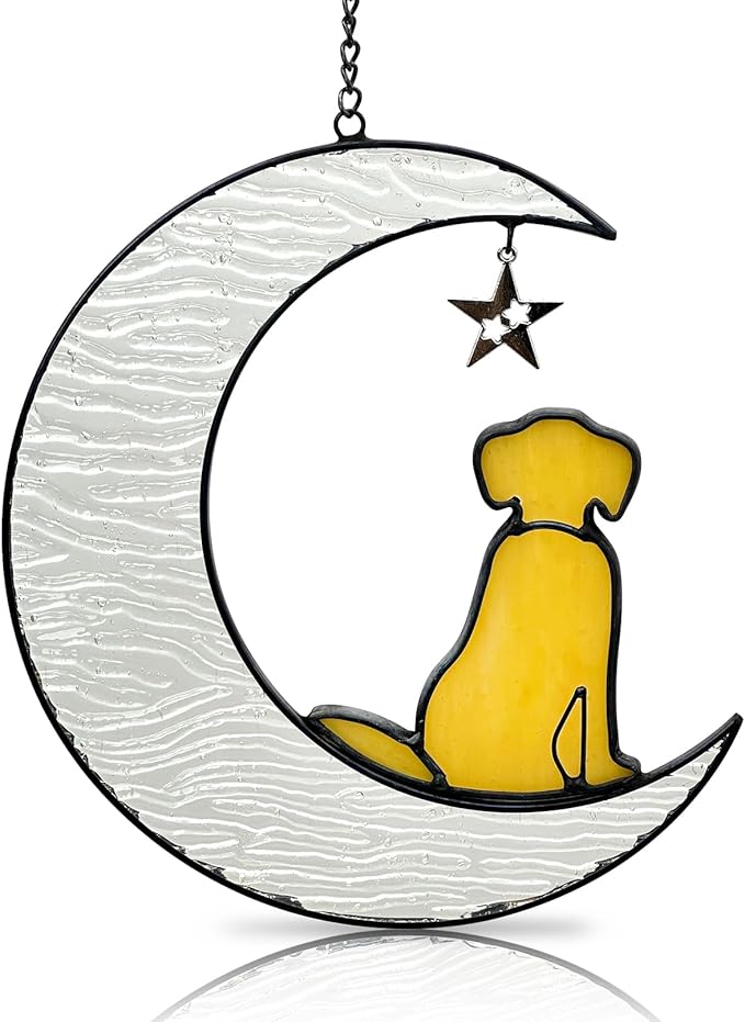 Fhiny Dog Memorial Suncatcher Stained Glass Dog Memorial Gifts Window Hanging Christmas Ornament Pet Sympathy Gifts for Dog Lovers Puppy Remembrance Gift Christmas Tree Decor (Yellow)