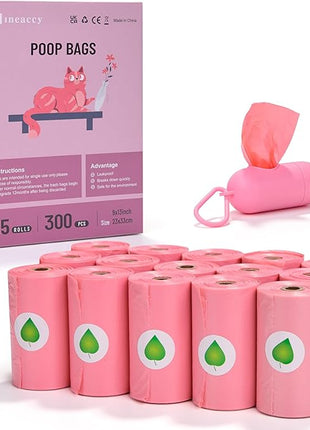 Biodegradable Pink Dog Poo Bags Lavender scent with Dispenser - 300 Large Poop Bags, Extra Thicken Strong Corn Starch Blended Compostable Leak Proof Poop Waste Bag for Dogs