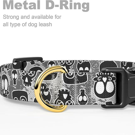 Rnivvi Dog Collar for Medium Dogs, Cute Heavy Duty Adjustable Puppy Collar with Quick Release Buckle for Girl & Female, Pet Accessories for Walking Running, M Length 1" Width, Black Skull