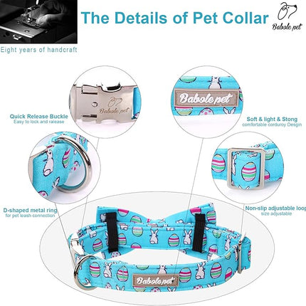 Easter Dog Collar with Bow Tie - Adjustable Easter Bunny Eggs Dog Collar Blue Rabbit Bowtie Metal Buckle Puppy Collars for Small Medium Large Dogs XL
