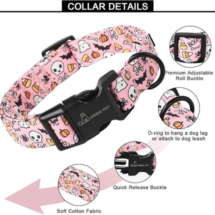 ARING PET Halloween Dog Collars, Cute Pink Pumpkin Ghost Bat Spider Skull Pet Collar with Quick Release Buckle for Small Medium Large Girl Boy Dogs-XS