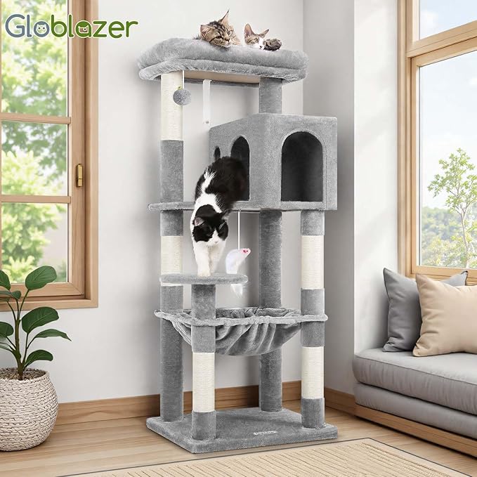 Globlazer Cat Tree Tower with Scratching Post for Indoor Cats, 53inch Tall Plush Multi-Level Cat Climbing Tower Condo House with Large Hammock, Spacious Cat Cave, Padded Top Perch Bed, F53, Light Gray
