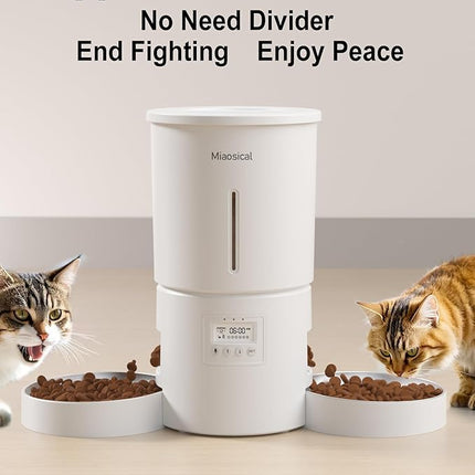 Dual Automatic Cat Feeder 2 Cats,6 Meals/Day,12 Portions/Meal,4.2L Dual Power Double Bowls Feeder,Dry Food Auto Pet Dispenser,10S Voice Record,Flexible Schedule Timer(White,Stainless Dual Bowls)