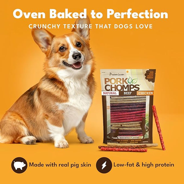 Pork Chomps Dog Chews, 5-inch Munchy Sticks, Assorted Flavors, 100 Count